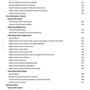 May include: A detailed table of contents from a manual, with headings and subheadings related to twine wrap systems, including repair, adjustments, and electrical systems. The page number is 7.