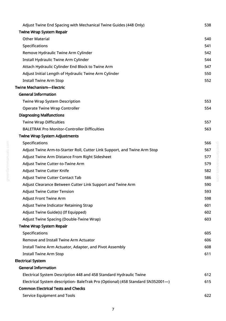 May include: A detailed table of contents from a manual, with headings and subheadings related to twine wrap systems, including repair, adjustments, and electrical systems. The page number is 7.