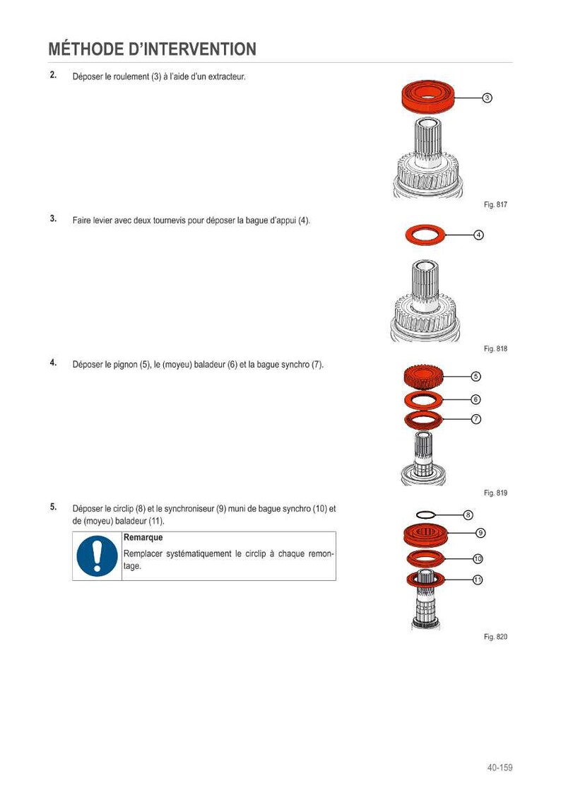 May include: Diagram showing mechanical components with labels and assembly instructions. The image includes various parts like bearings, rings, and gears, with the text "M&Eacute;THODE D'INTERVENTION" at the top. The diagram is in black, white, and red.