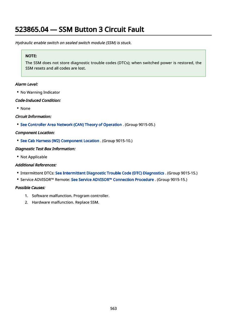 May include: A white document with black text detailing a circuit fault, including possible causes and diagnostic information. The text includes "SSM Button 3 Circuit Fault" and "Hydraulic enable switch".
