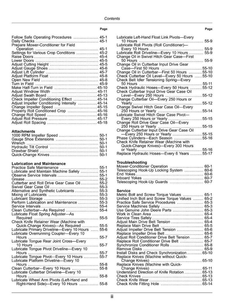 May include: A page from a manual with a table of contents, detailing maintenance and service procedures for agricultural machinery. The text includes topics like lubrication, adjustments, and troubleshooting.