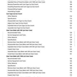 Puede incluir: Una p&aacute;gina blanca con un &iacute;ndice de un manual de Power Train. El manual cubre temas como Powerline, Gear Case y Chain Tension. La p&aacute;gina incluye una lista de especificaciones y procedimientos.