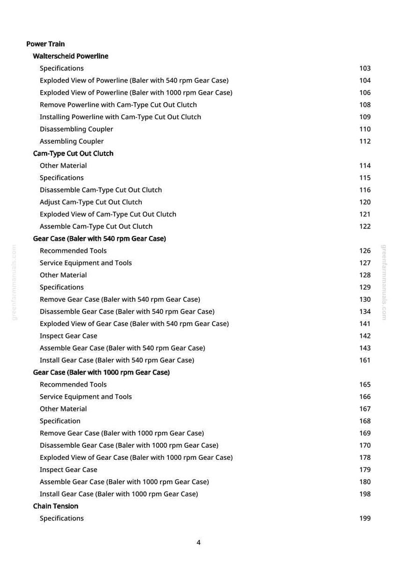 Puede incluir: Una p&aacute;gina blanca con un &iacute;ndice de un manual de Power Train. El manual cubre temas como Powerline, Gear Case y Chain Tension. La p&aacute;gina incluye una lista de especificaciones y procedimientos.