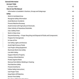 May include: A detailed table of contents from a manual, with a white background and black text. The title "Table of Contents" is at the top, followed by sections like "Safety" and "General Information". Page numbers are on the right.