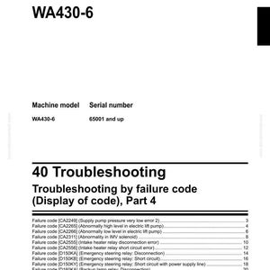 May include: Shop manual page for a Wheel Loader WA430-6, featuring troubleshooting information. The document includes a list of failure codes and descriptions, such as "Supply pump pressure very low error 2" and "Abnormally high level in electric lift pump."