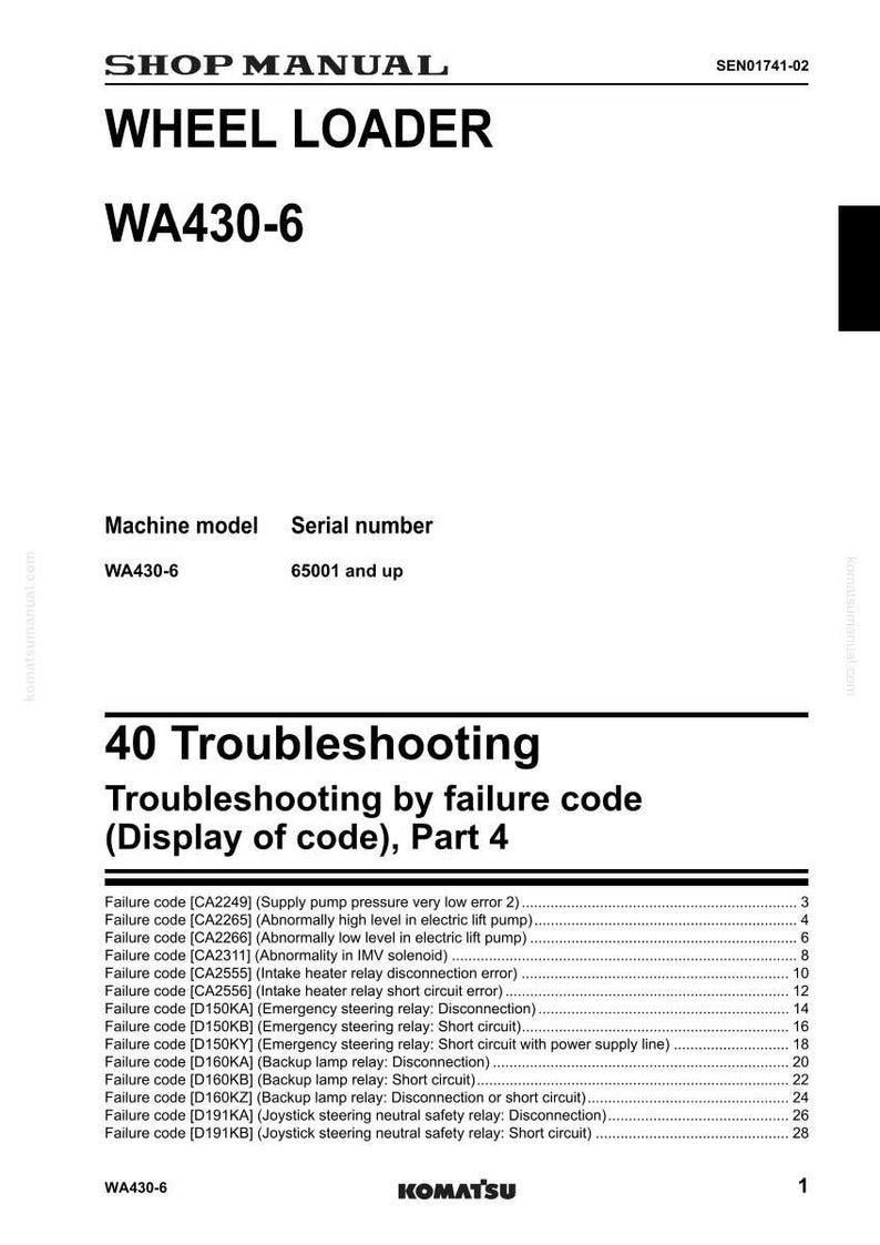 May include: Shop manual page for a Wheel Loader WA430-6, featuring troubleshooting information. The document includes a list of failure codes and descriptions, such as "Supply pump pressure very low error 2" and "Abnormally high level in electric lift pump."