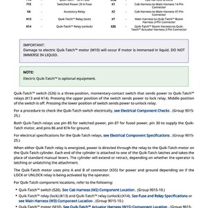 Puede incluir: Un diagrama t&eacute;cnico con una leyenda que detalla los componentes el&eacute;ctricos, incluidos rel&eacute;s, fusibles y conectores. El diagrama proporciona informaci&oacute;n sobre las funciones del motor y el interruptor Quik-Tatch&trade;, con advertencias de seguridad y notas.