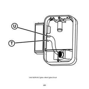 May include: Black and white line drawing of a work light circuit. The image includes a rectangular housing with internal components, labeled with the letters "U" and "T". The text "LVAL16079-UN: Lights&mdash;Work Lights Circuit" is at the bottom.