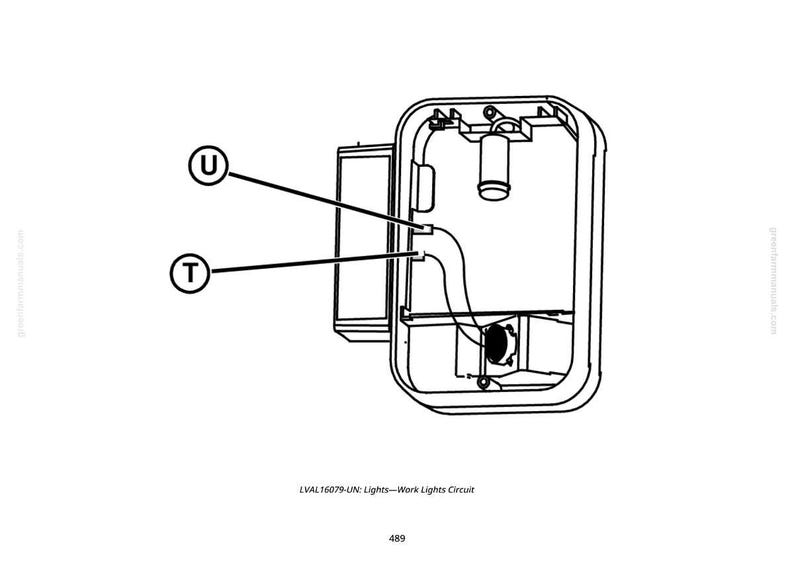 May include: Black and white line drawing of a work light circuit. The image includes a rectangular housing with internal components, labeled with the letters "U" and "T". The text "LVAL16079-UN: Lights&mdash;Work Lights Circuit" is at the bottom.