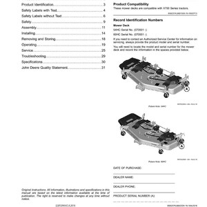 May include: A page from a John Deere manual detailing product identification and record information for mower decks. Includes diagrams of the mower decks, serial numbers, and spaces for purchase and dealer information.