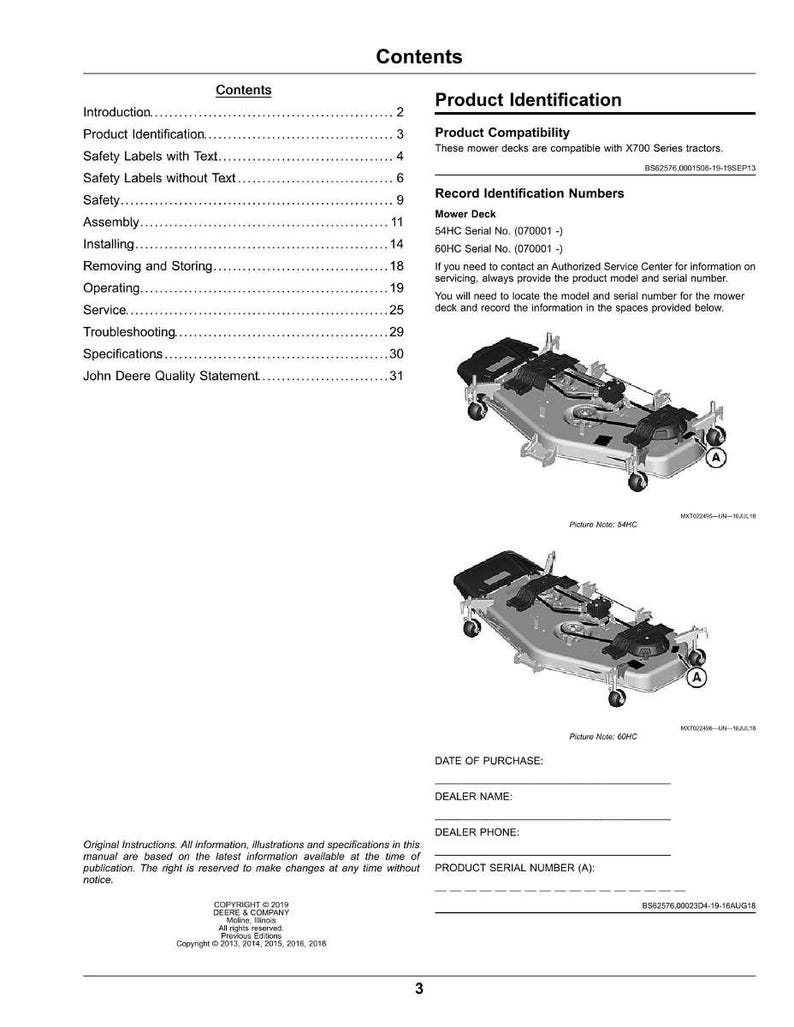 May include: A page from a John Deere manual detailing product identification and record information for mower decks. Includes diagrams of the mower decks, serial numbers, and spaces for purchase and dealer information.