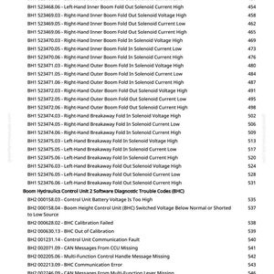 K&ouml;nnte beinhalten: Eine detaillierte Liste der Diagnosefehlercodes f&uuml;r eine Boom Hydraulics Control Unit 2, einschlie&szlig;lich Spannungs- und Strommesswerten sowie Kommunikationsfehlern. Der Text ist in schwarzer Schrift auf wei&szlig;em Hintergrund.