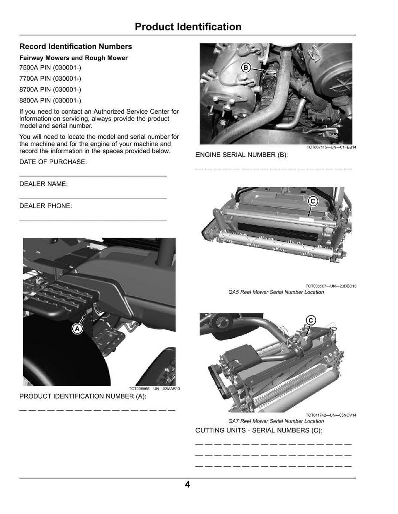 Puede incluir: Una gu&iacute;a de identificaci&oacute;n de productos con diagramas y etiquetas para los modelos Fairway Mowers y Rough Mower. La gu&iacute;a incluye secciones para los n&uacute;meros de serie del motor, los n&uacute;meros de identificaci&oacute;n del producto y los n&uacute;meros de serie de las unidades de corte.