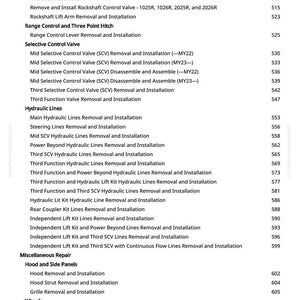 May include: A printed page detailing mechanical repair procedures, including "Rockshaft," "Hydraulic Lines," and "Mid-Mount Lift." The text is accompanied by page numbers, indicating a technical manual or guide.