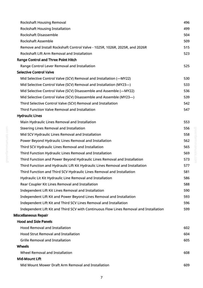 May include: A printed page detailing mechanical repair procedures, including "Rockshaft," "Hydraulic Lines," and "Mid-Mount Lift." The text is accompanied by page numbers, indicating a technical manual or guide.