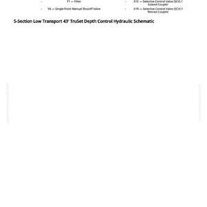 May include: A schematic diagram with a legend detailing hydraulic components. The text reads "5-Section Low Transport 43' TruSet Depth Control Hydraulic Schematic." Includes valve, cylinder, and coupler descriptions.