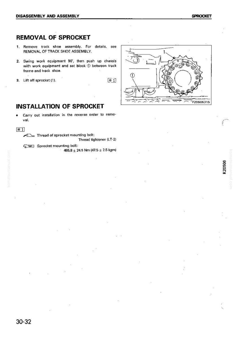 May include: A page from a manual detailing the removal and installation of a sprocket. Includes diagrams and instructions for disassembly and assembly. The text includes measurements in Newton meters and kilograms.