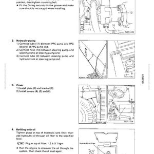 May include: Diagram of steering pump and PPC pump installation, with detailed illustrations of hydraulic piping, cover installation, and oil refilling procedures. Includes part numbers and component labels.
