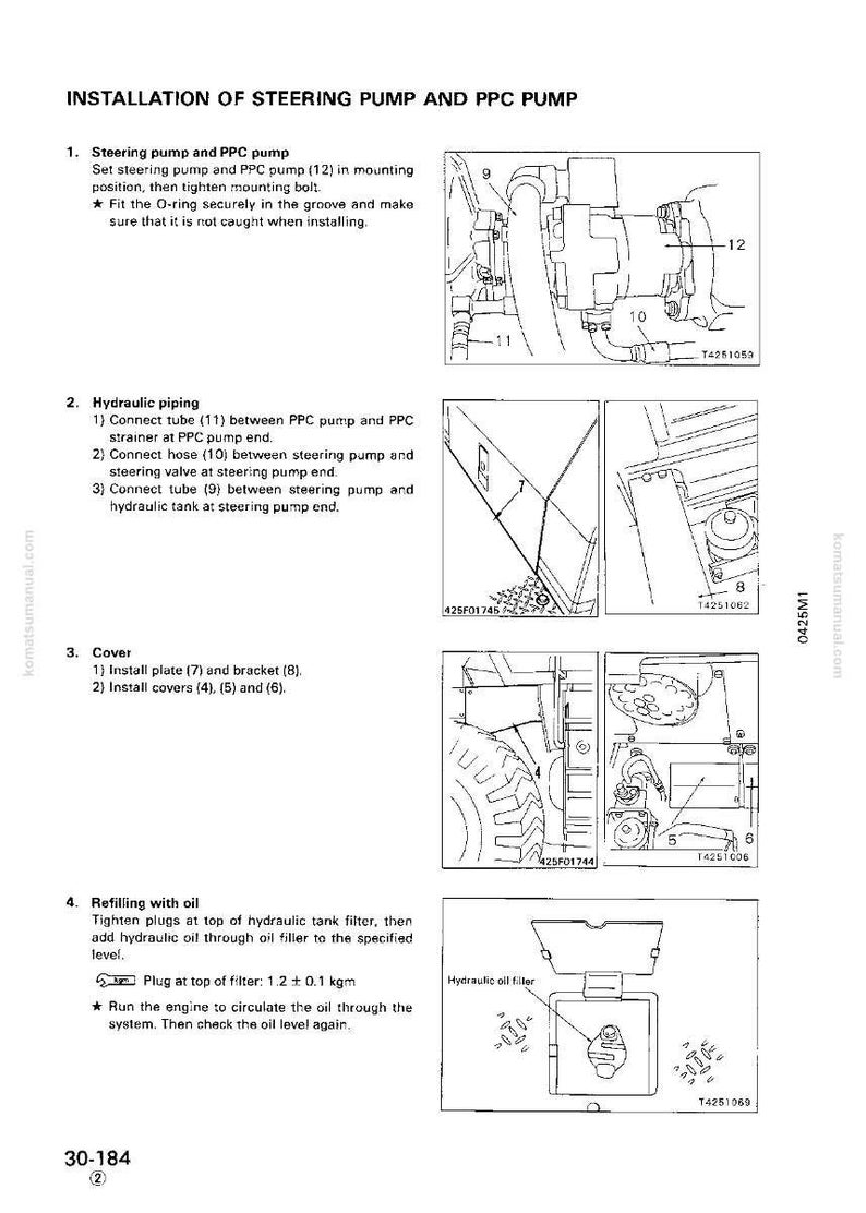 May include: Diagram of steering pump and PPC pump installation, with detailed illustrations of hydraulic piping, cover installation, and oil refilling procedures. Includes part numbers and component labels.