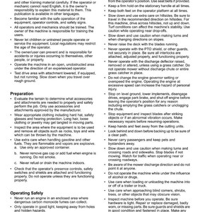 May include: A white page with black text providing safety guidelines for machinery operation. Sections include "Operator Training Required" and "Operating Safely," with instructions presented in a bulleted format.