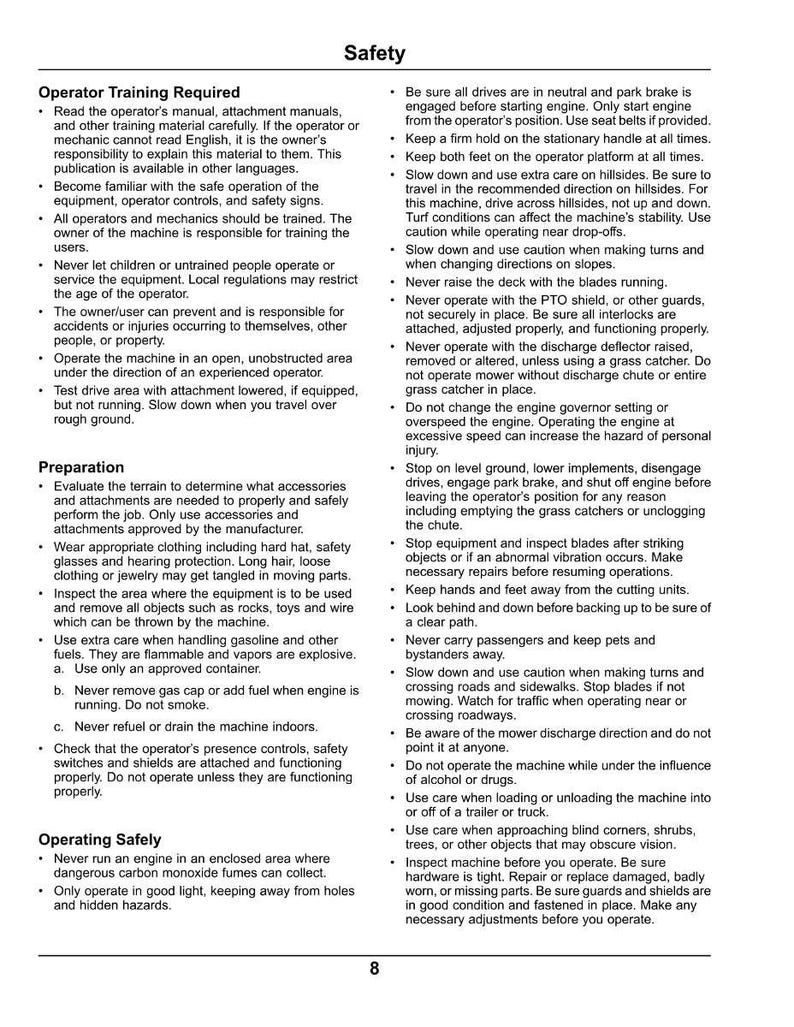 May include: A white page with black text providing safety guidelines for machinery operation. Sections include "Operator Training Required" and "Operating Safely," with instructions presented in a bulleted format.