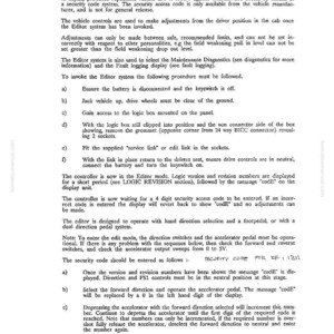 May include: A printed manual page with the title "THE EDITOR SYSTEM - SETTING UP PROCEDURE." The text describes a system for changing vehicle operating parameters. The page includes numbered steps and instructions for use, with diagrams.
