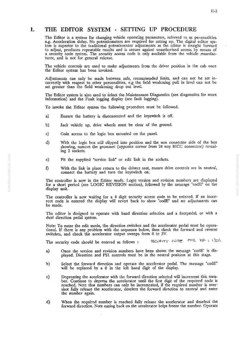May include: A printed manual page with the title "THE EDITOR SYSTEM - SETTING UP PROCEDURE." The text describes a system for changing vehicle operating parameters. The page includes numbered steps and instructions for use, with diagrams.