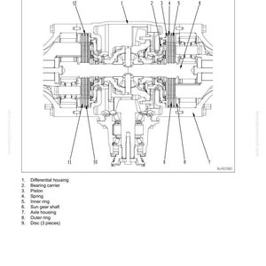 K&ouml;nnte beinhalten: Detaillierte Diagramm einer Bremsbaugruppe, mit nummerierten Komponenten wie Differentialgeh&auml;use, Lagerhalter, Kolben, Feder und Achsgeh&auml;use. Das Bild ist eine technische Illustration.