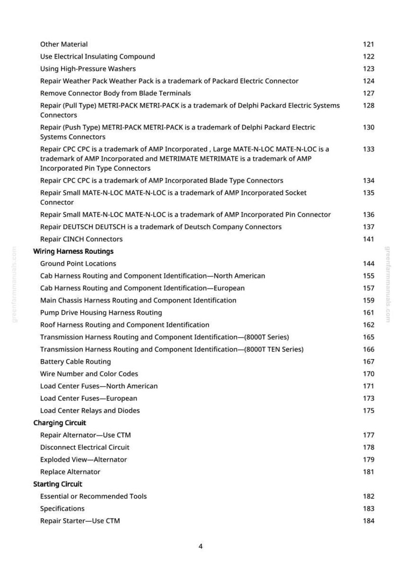Puede incluir: Una p&aacute;gina de un manual con una tabla de contenidos. El texto incluye temas de reparaci&oacute;n el&eacute;ctrica automotriz como enrutamiento de mazos de cables, fusibles y circuitos de carga. El n&uacute;mero de p&aacute;gina es 4.