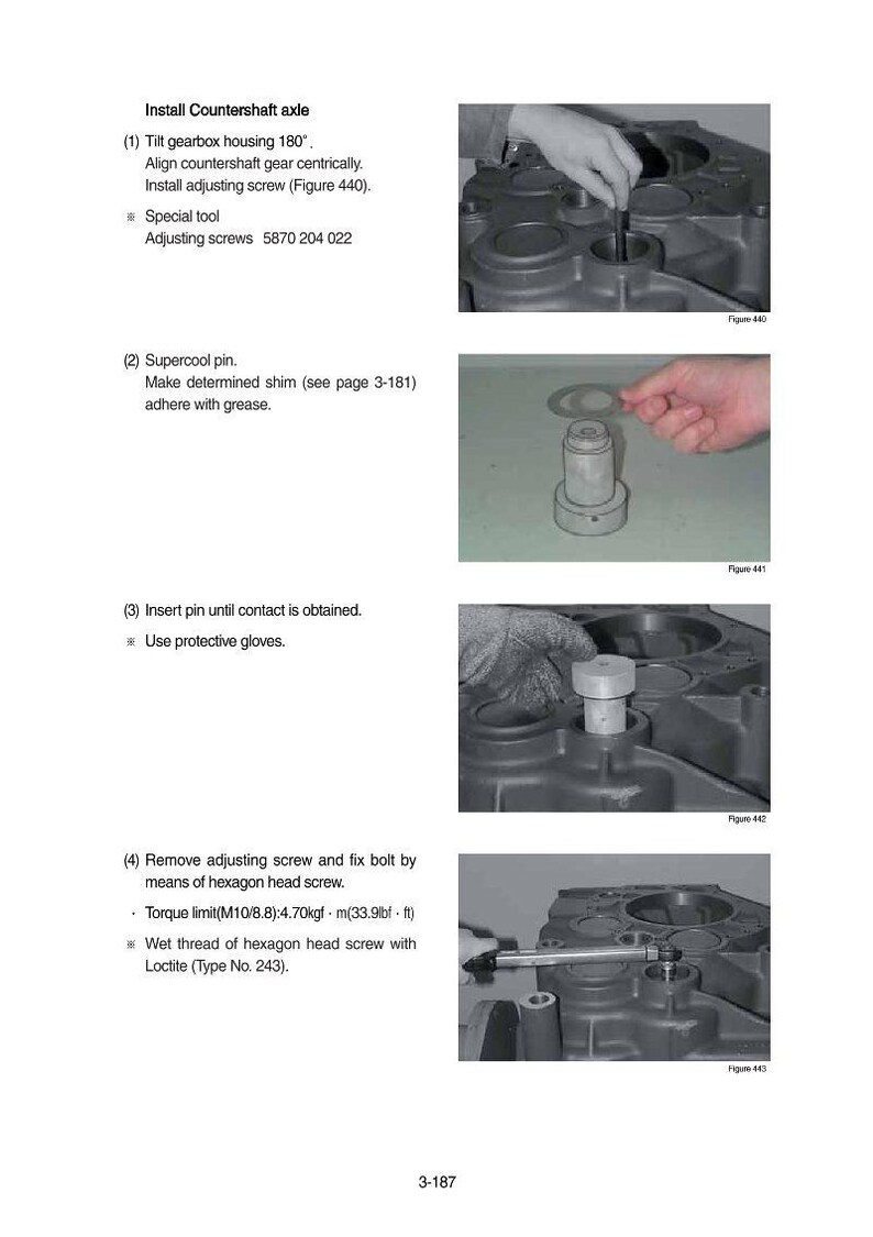 May include: A technical diagram with instructions for installing a countershaft axle. The steps include tilting the gearbox housing, aligning gears, installing screws, and using a special tool. Images illustrate each step.