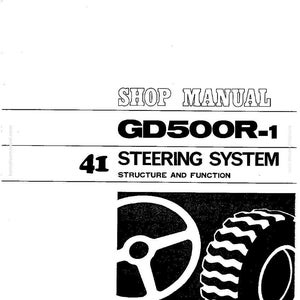 Może przedstawiać: Strona instrukcji warsztatowej z tekstem "SHOP MANUAL" i "GD500R-1". Poniżej tekst brzmi "41 STEERING SYSTEM STRUCTURE AND FUNCTION". Obraz zawiera kierownicę i oponę.