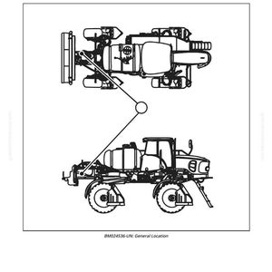 K&ouml;nnte beinhalten: Strichzeichnung eines Ausleger-Hubzylinders, beschriftet mit "C11 - Left Boom Lift Cylinder" und "M4025". Das Bild zeigt eine Draufsicht und eine Seitenansicht der Maschine, mit dem Text "BM024536-UN: General Location" und der Nummer "5038".