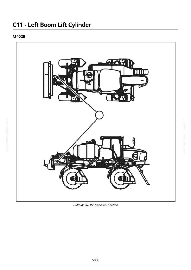 K&ouml;nnte beinhalten: Strichzeichnung eines Ausleger-Hubzylinders, beschriftet mit "C11 - Left Boom Lift Cylinder" und "M4025". Das Bild zeigt eine Draufsicht und eine Seitenansicht der Maschine, mit dem Text "BM024536-UN: General Location" und der Nummer "5038".