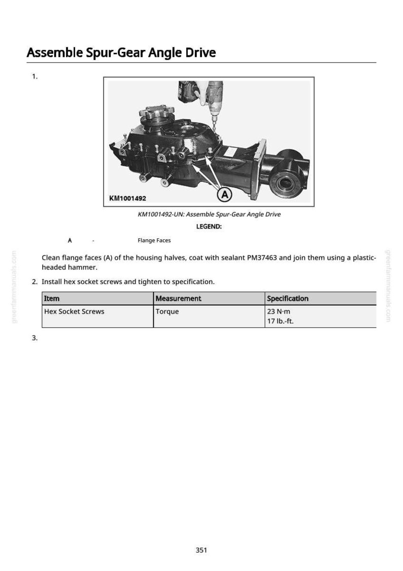 May include: Diagram of an assembled spur-gear angle drive, with a detailed illustration of the assembly process. The image includes a close-up of the drive's components, with measurements in lb.-ft. and N-m. Text includes instructions and part numbers.