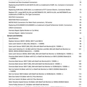 May include: A printed page from a manual, listing various connectors, sensors, and switches. The text includes specifications, part numbers, and descriptions of electrical components, such as "Gate Latch Sensor" and "Oversize Bale Sensor". The page number is 3.