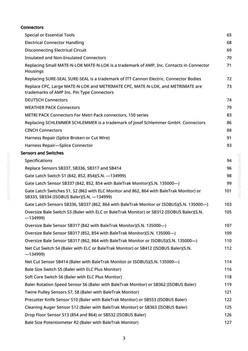 May include: A printed page from a manual, listing various connectors, sensors, and switches. The text includes specifications, part numbers, and descriptions of electrical components, such as "Gate Latch Sensor" and "Oversize Bale Sensor". The page number is 3.