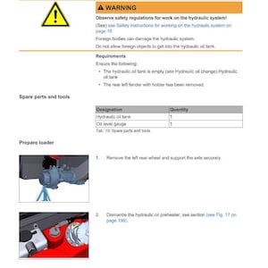 Puede incluir: P&aacute;gina de un manual de servicio y reparaci&oacute;n que detalla el mantenimiento del sistema hidr&aacute;ulico. Incluye un s&iacute;mbolo de advertencia, instrucciones y una lista de piezas para el dep&oacute;sito de aceite hidr&aacute;ulico y el indicador de nivel de aceite. Tambi&eacute;n muestra im&aacute;genes del cargador.
