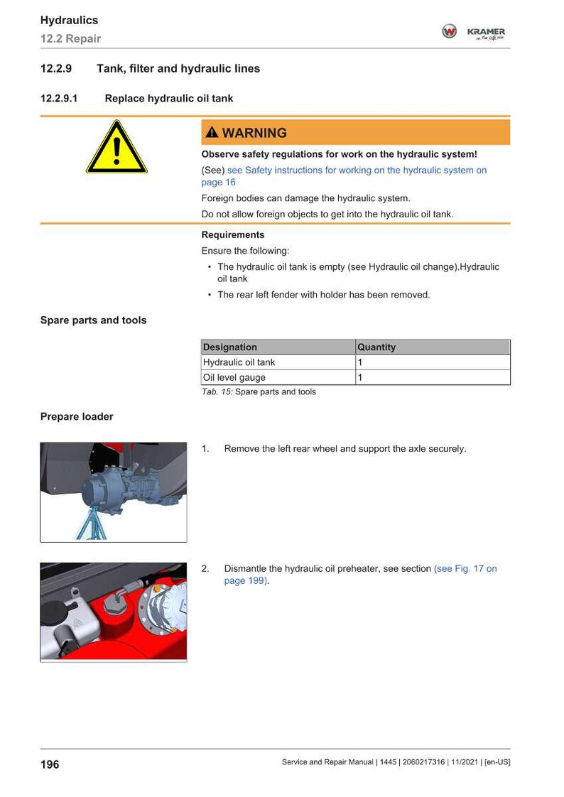 Puede incluir: P&aacute;gina de un manual de servicio y reparaci&oacute;n que detalla el mantenimiento del sistema hidr&aacute;ulico. Incluye un s&iacute;mbolo de advertencia, instrucciones y una lista de piezas para el dep&oacute;sito de aceite hidr&aacute;ulico y el indicador de nivel de aceite. Tambi&eacute;n muestra im&aacute;genes del cargador.