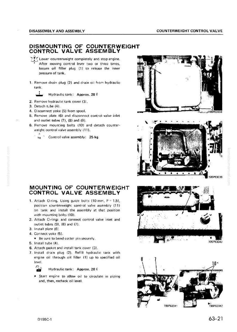 May include: Technical diagram showing the disassembly and assembly of a counterweight control valve. Includes step-by-step instructions and diagrams for maintenance. The control valve assembly weighs 25 kg.