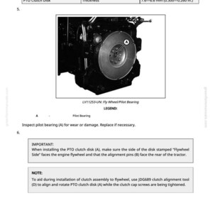 Puede incluir: Diagrama del disco de embrague de la TDF con especificaciones de espesor de 7,6 a 6,6 mm. La imagen muestra una vista detallada del volante y el cojinete piloto, con etiquetas para los componentes.