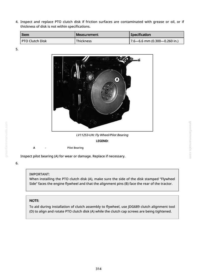 Puede incluir: Diagrama del disco de embrague de la TDF con especificaciones de espesor de 7,6 a 6,6 mm. La imagen muestra una vista detallada del volante y el cojinete piloto, con etiquetas para los componentes.