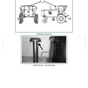 Pu&ograve; includere: Diagramma e fotografia di un collettore di aspirazione. Il diagramma mostra due trattori collegati da una linea. La fotografia mostra un primo piano del collettore di aspirazione con una freccia che lo indica. Il testo include "G17 - Air Intake Stack" e "E70737-UN: G17 - Air Intake Stack".