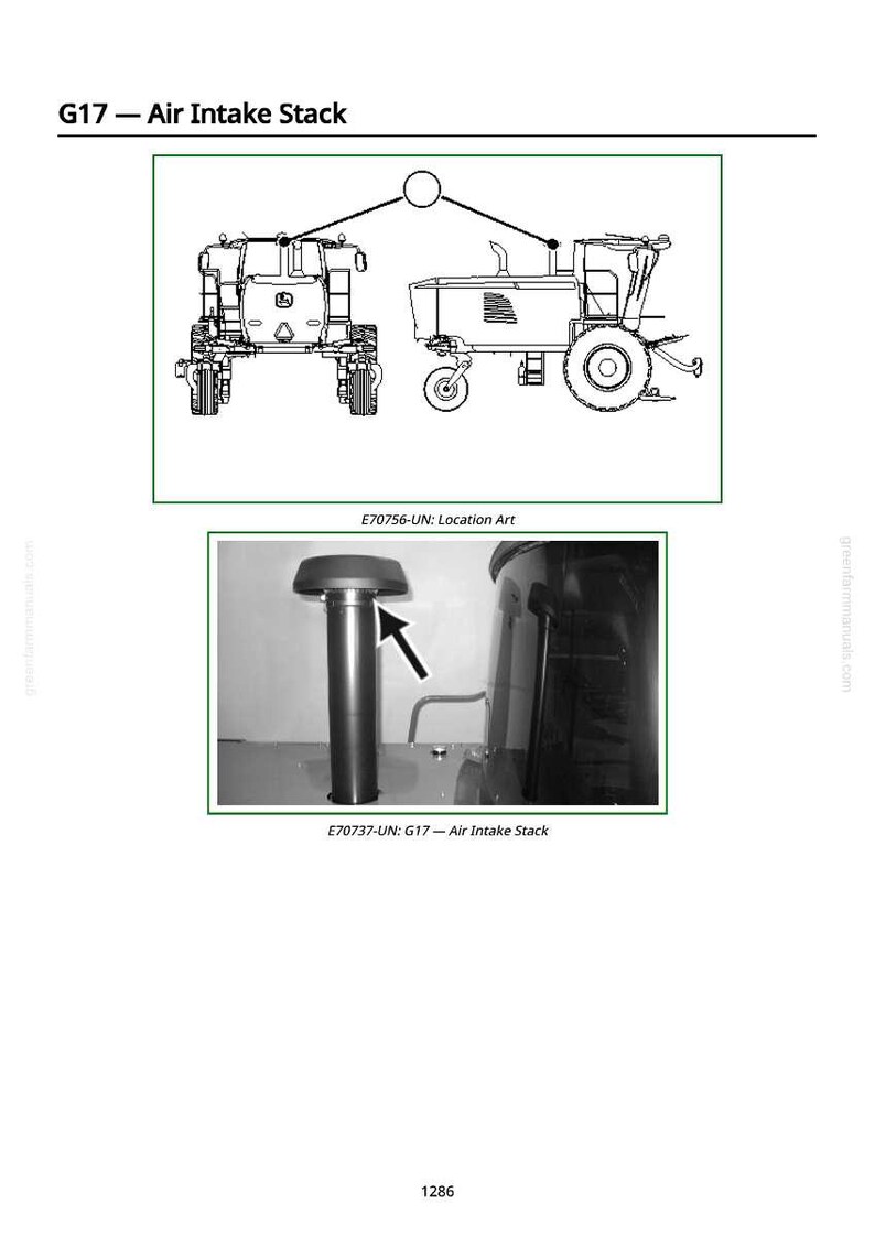 Pu&ograve; includere: Diagramma e fotografia di un collettore di aspirazione. Il diagramma mostra due trattori collegati da una linea. La fotografia mostra un primo piano del collettore di aspirazione con una freccia che lo indica. Il testo include "G17 - Air Intake Stack" e "E70737-UN: G17 - Air Intake Stack".