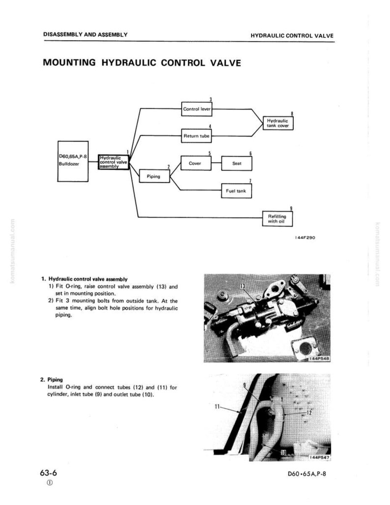 May include: Diagram of hydraulic control valve assembly and piping, with labels for components like control lever, return tube, and fuel tank. Includes close-up photos of the valve and piping, with numbered annotations for assembly instructions.