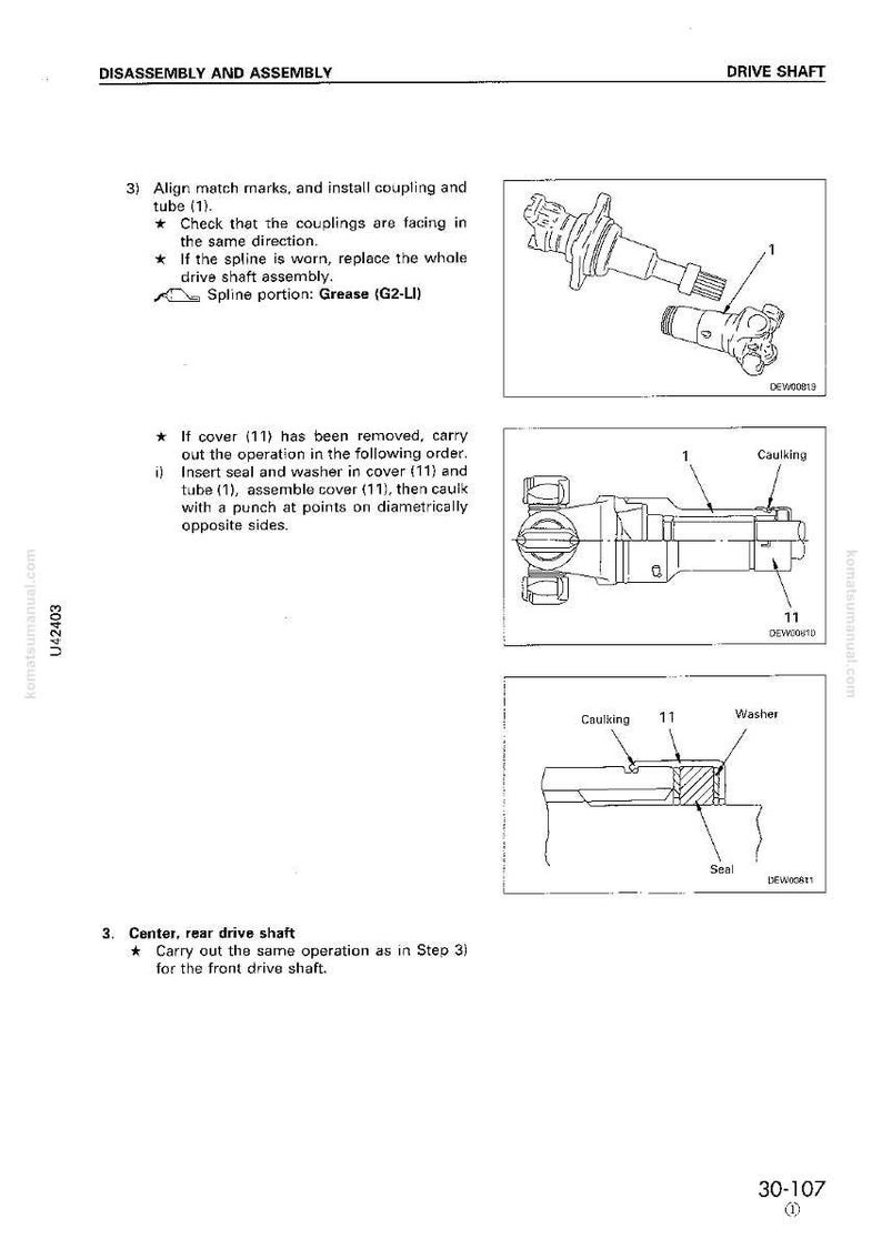 May include: Diagram from a manual showing the disassembly and assembly of a drive shaft. The image includes detailed illustrations of components, labels, and instructions for maintenance and repair procedures. The text includes the title "DISASSEMBLY AND ASSEMBLY" and "DRIVE SHAFT".