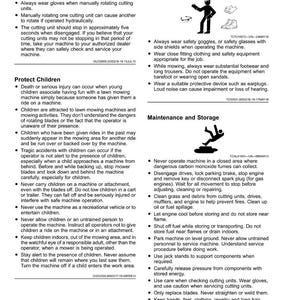 May include: A safety guide with text and illustrations about lawn mower operation. Topics include wearing safety gear, protecting children, and proper maintenance. The guide emphasizes safety precautions for users.