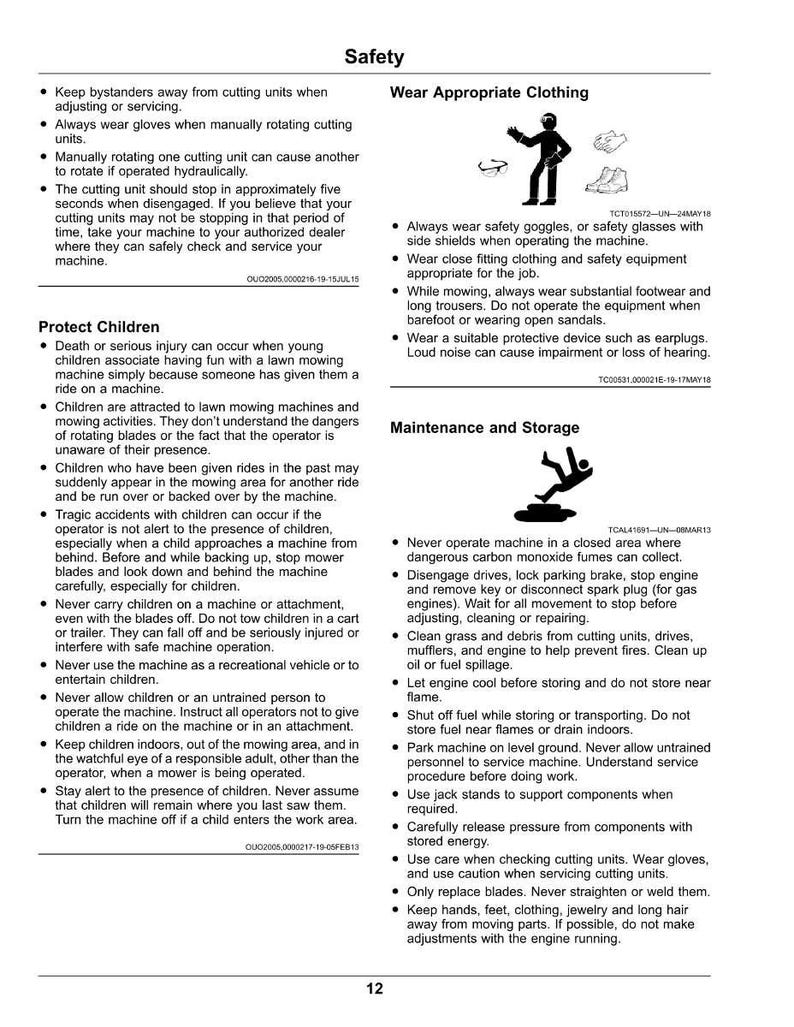 May include: A safety guide with text and illustrations about lawn mower operation. Topics include wearing safety gear, protecting children, and proper maintenance. The guide emphasizes safety precautions for users.