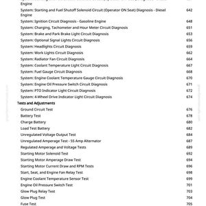May include: A white page with a list of automotive system diagnostic tests and adjustments. The list includes tests for circuits, lights, and engine components, with corresponding page numbers.