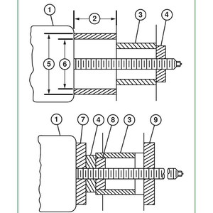 Puede incluir: Diagrama que ilustra la extracci&oacute;n e instalaci&oacute;n de un buje y un sello. La imagen incluye componentes y dimensiones etiquetados, con el texto "Bushing and Seal Remove and Install" en la parte superior. El diagrama tambi&eacute;n incluye el texto "TX1040490" y "TX1040490-UN: Pipe Dimensions".