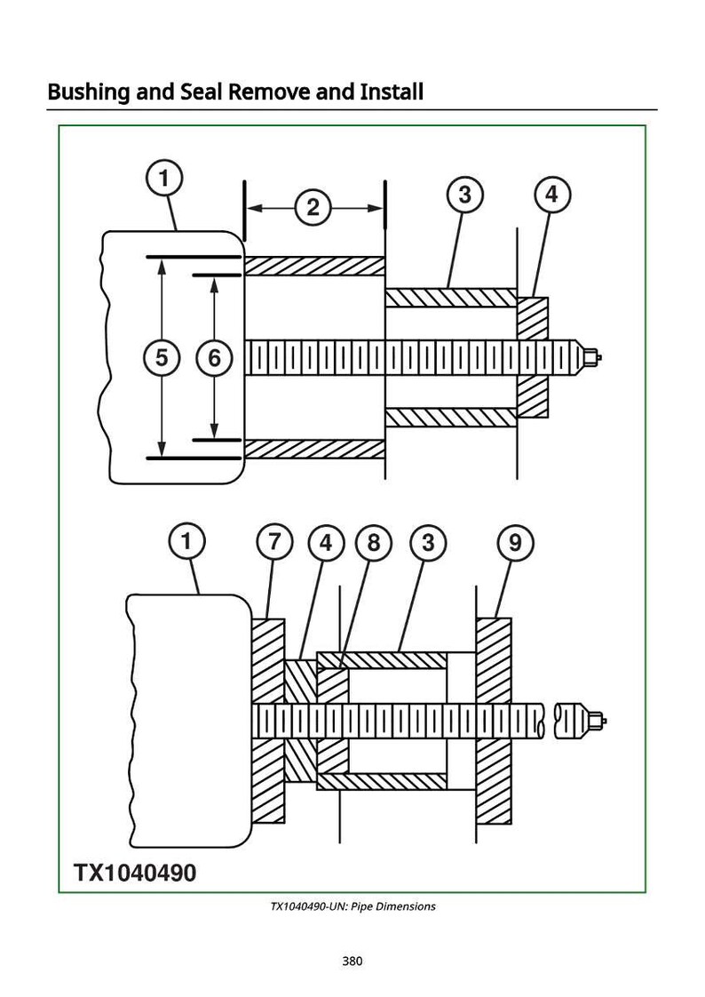 Puede incluir: Diagrama que ilustra la extracci&oacute;n e instalaci&oacute;n de un buje y un sello. La imagen incluye componentes y dimensiones etiquetados, con el texto "Bushing and Seal Remove and Install" en la parte superior. El diagrama tambi&eacute;n incluye el texto "TX1040490" y "TX1040490-UN: Pipe Dimensions".